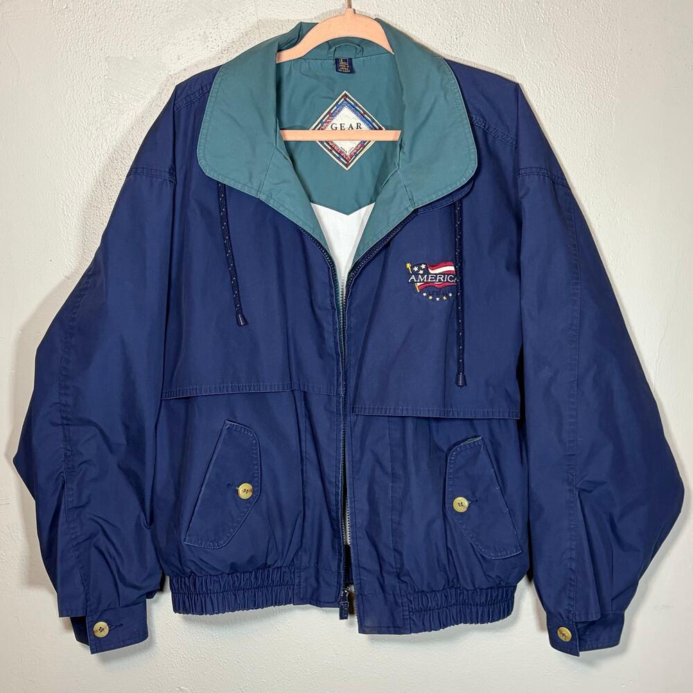 Vintage Gear For Sports Mens Navy Blue America USA Windbreaker Jacket Large L‎